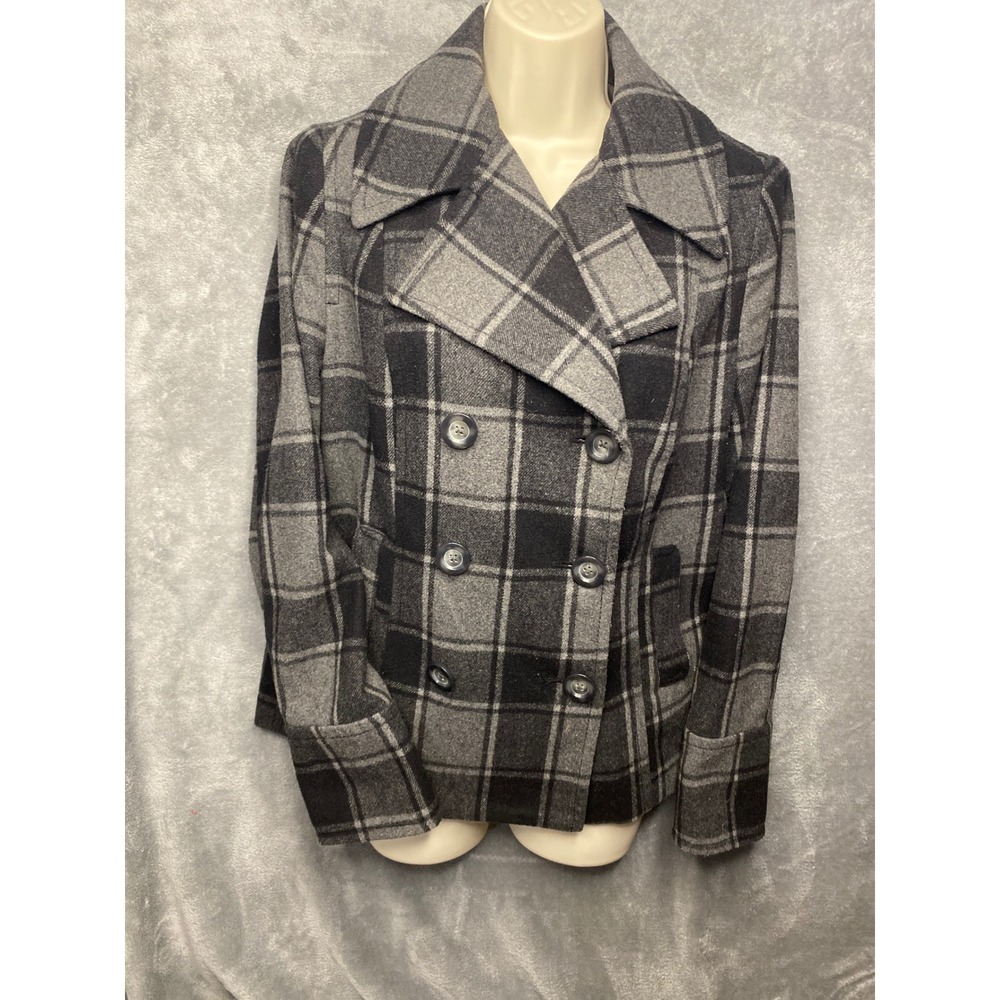 Old Navy Women Plaid Double Breasted Peacoat Jacket Medium Gray Black Wool Blend